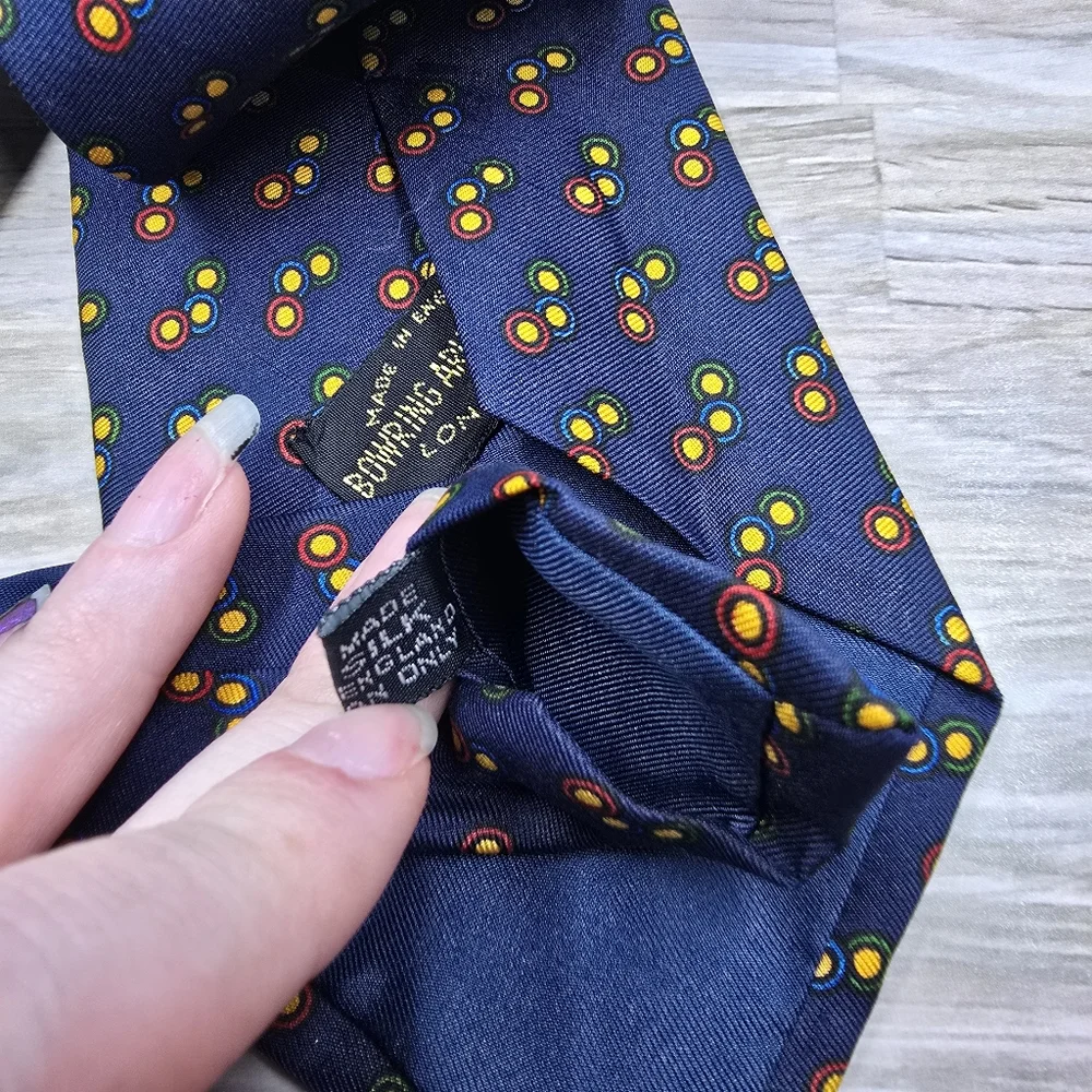 Bowring Arundel &‎ Co navy blue 100% silk yellow gold polka dot tie 56